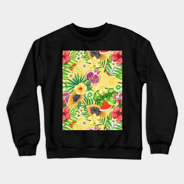 Tropical mix-fruit, flowers and leaves on yellow Crewneck Sweatshirt by katerinamk